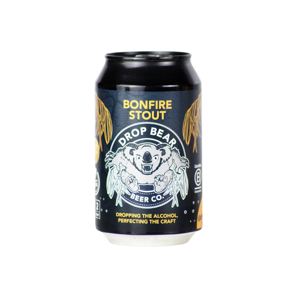 Black Can of Bonfire Stout from Drop Bear Beer Co. on a white background