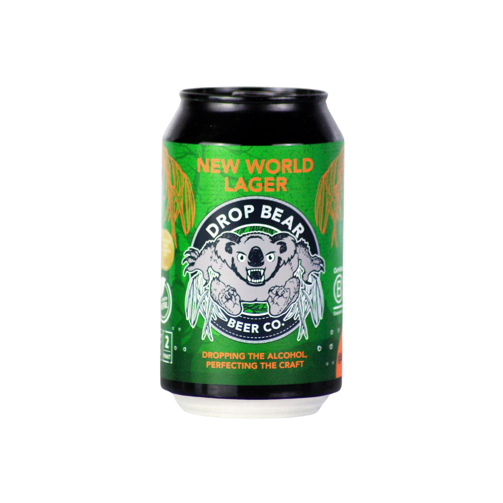Can of New World Lager from Drop Bear Beer Co on a white background