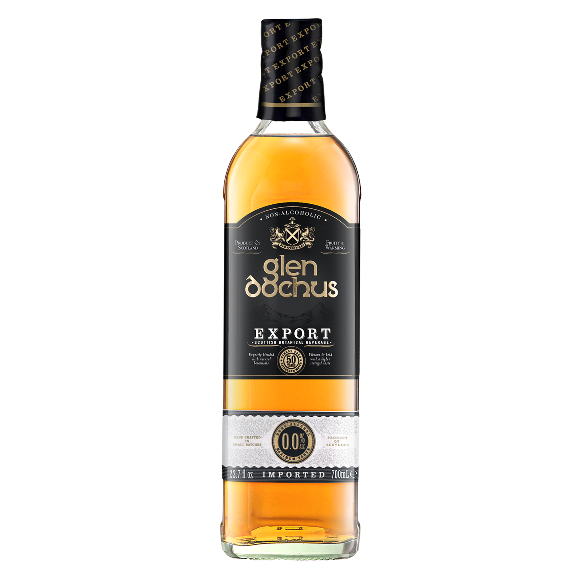 Bottle of Glen Dochus Export Alcohol Free Whisky. Non Alcoholic Spirit.