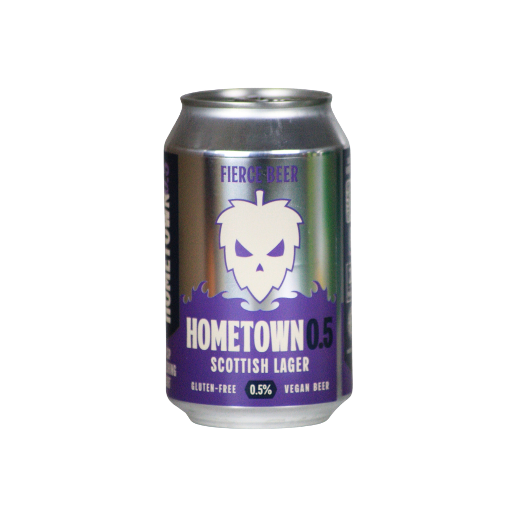 A single can of Hometown 0.5 Scottish Lager beer by Fierce Beer, featuring a metallic silver and purple label with a white skull graphic, isolated on a white background.