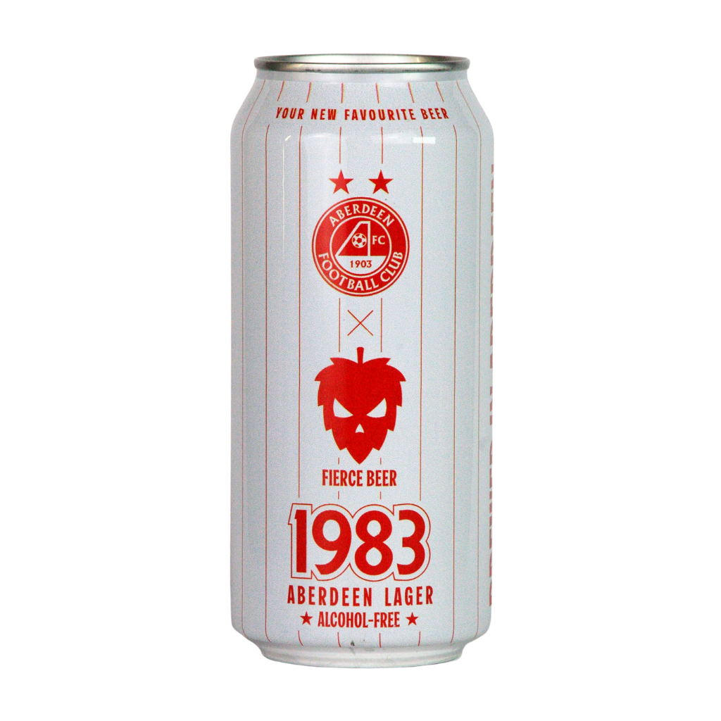 Alcohol-free beer can with red and white design on a white background Aberdeen Football Club Beer. Aberdeen FC Alcohol Free LAger