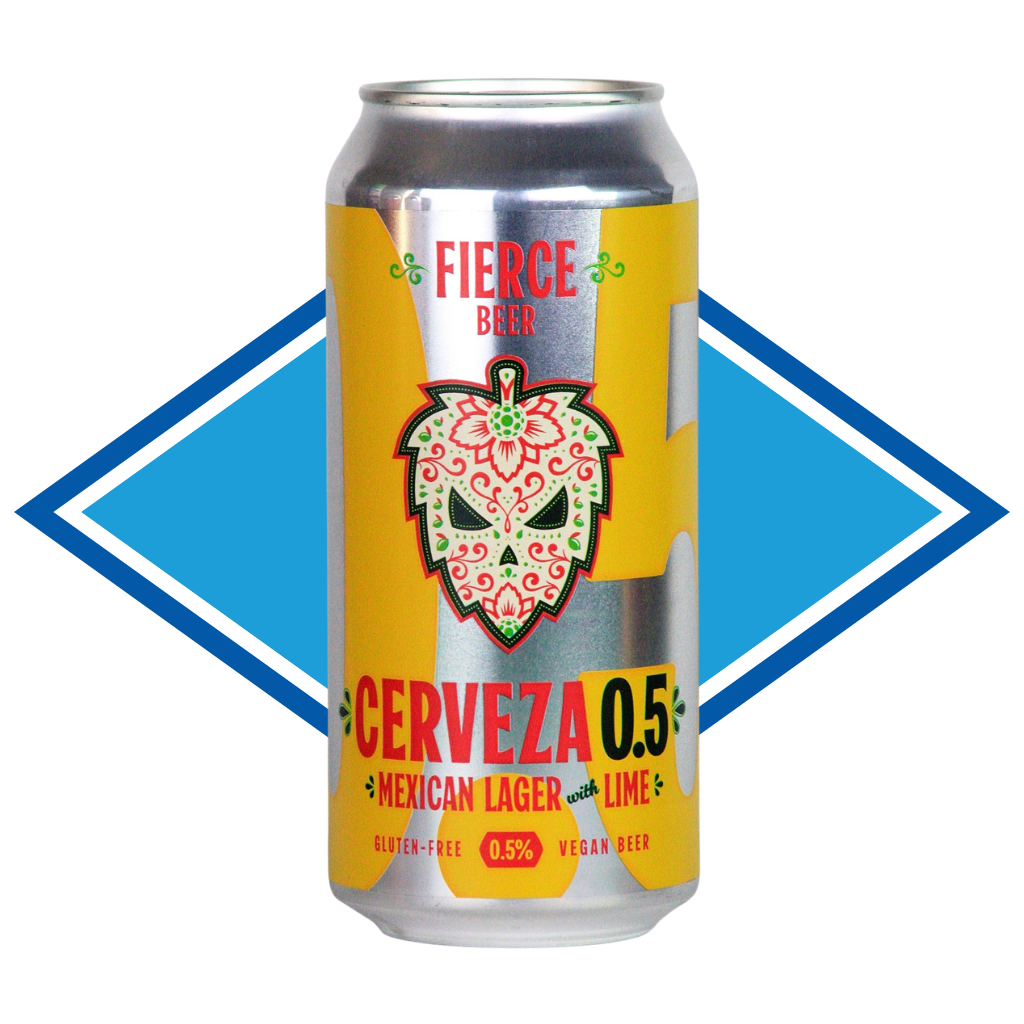 Can of Fierce Cerveza in front of the Alcohol Free Drinks Company blue diamond. 