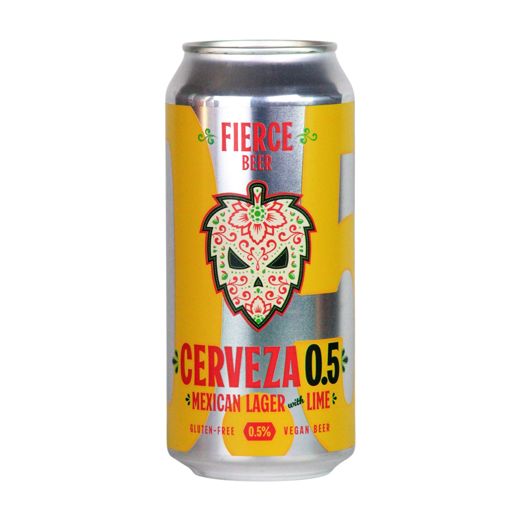 Fierce Beer Cerveza 0.5 can with yellow and silver design on a white background