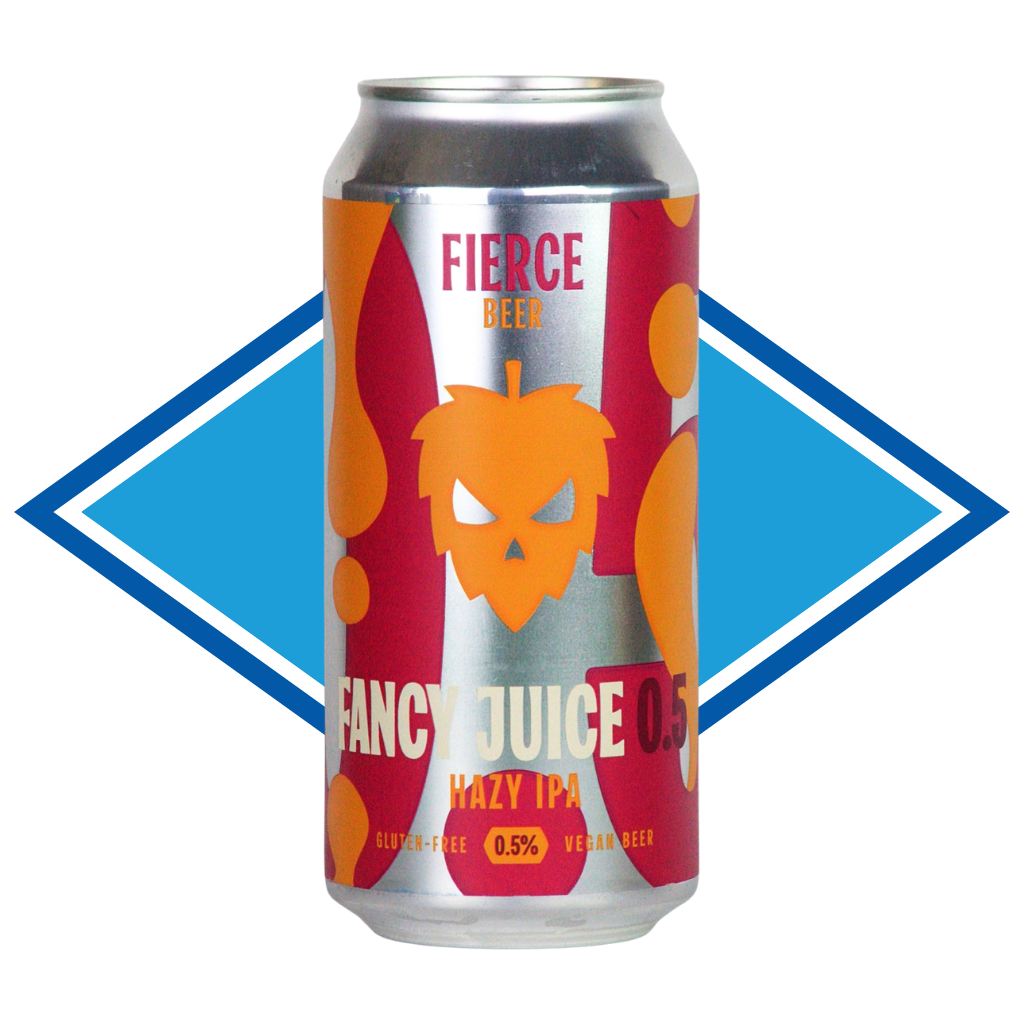 Can of Fierce Beer Fancy Juice Hazy IPA in front of the Alcohol Free Drinks Company blue diamond. 