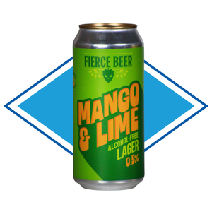 A single can of Fierce Beer Mango & Lime Alcohol-Free Lager, featuring a bright green label with bold orange and yellow lettering, set against a blue diamond-shaped graphic on a white background.