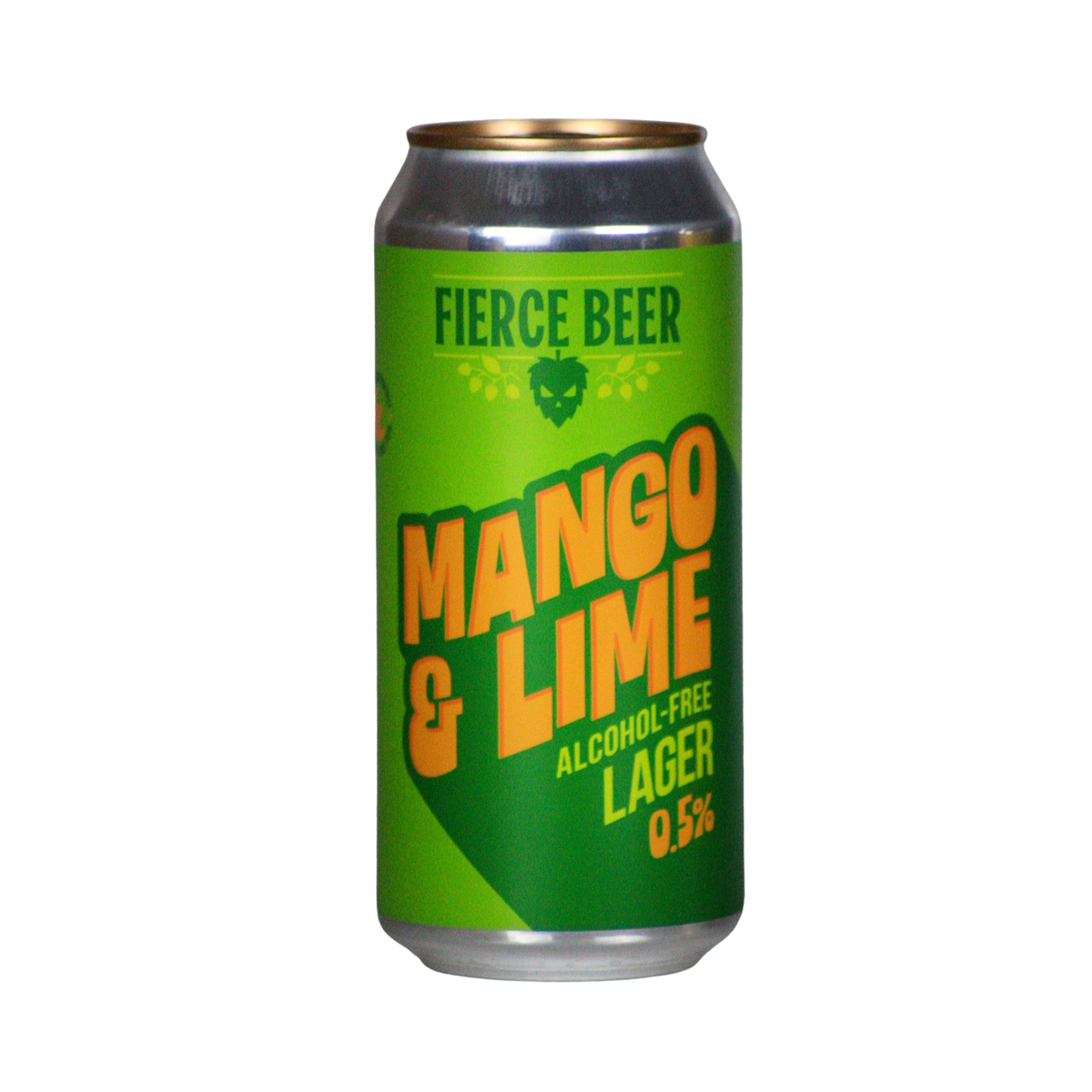 A single aluminum can of Fierce Beer Mango & Lime Alcohol-Free Lager, featuring a bright green label with bold orange and yellow text, set against a plain white background.