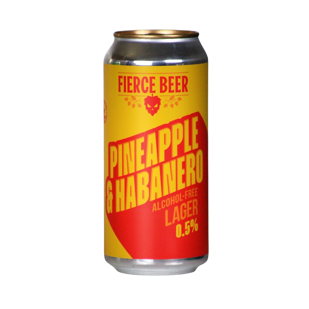 A single can of Fierce Beer Pineapple & Habanero Lager on a plain white background. The can features a bright yellow and red label with bold red and yellow text.