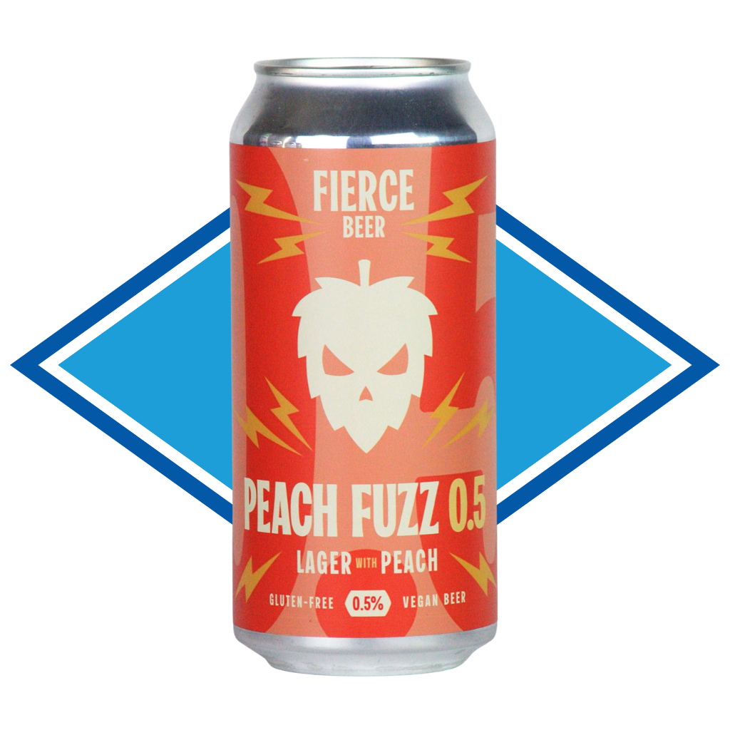 Can of Fierce Peach Fuzz in front of the Alcohol Free Drinks Company blue diamond. 