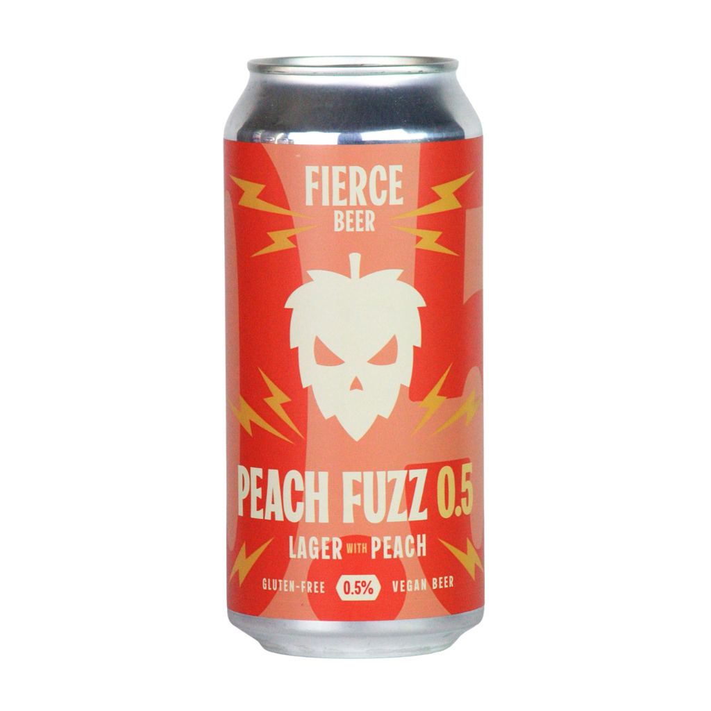 Can of Fierce Beer Peach Fuzz 0.5 on a white background. booze free lager with peach
