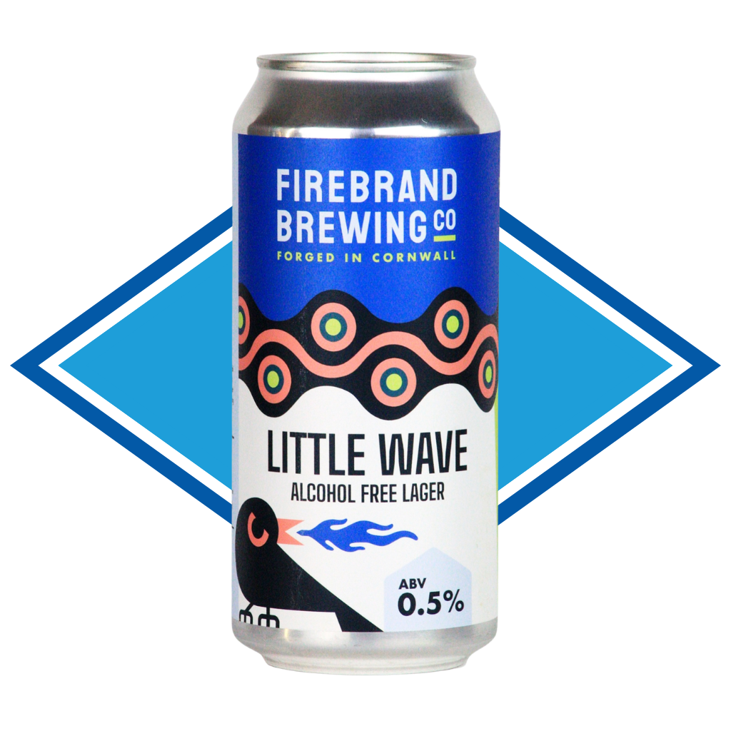 Can of Firebrand Brewing Co Little Wave alcohol-free lager on a blue diamond background