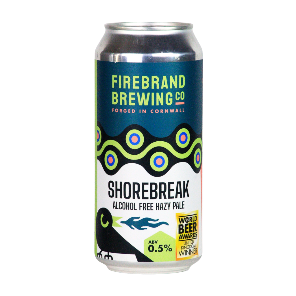 Can of Firebrand Brewing Co. Shorebreak low calorie Gluten Free Non Alcoholic hazy pale ale on a white background