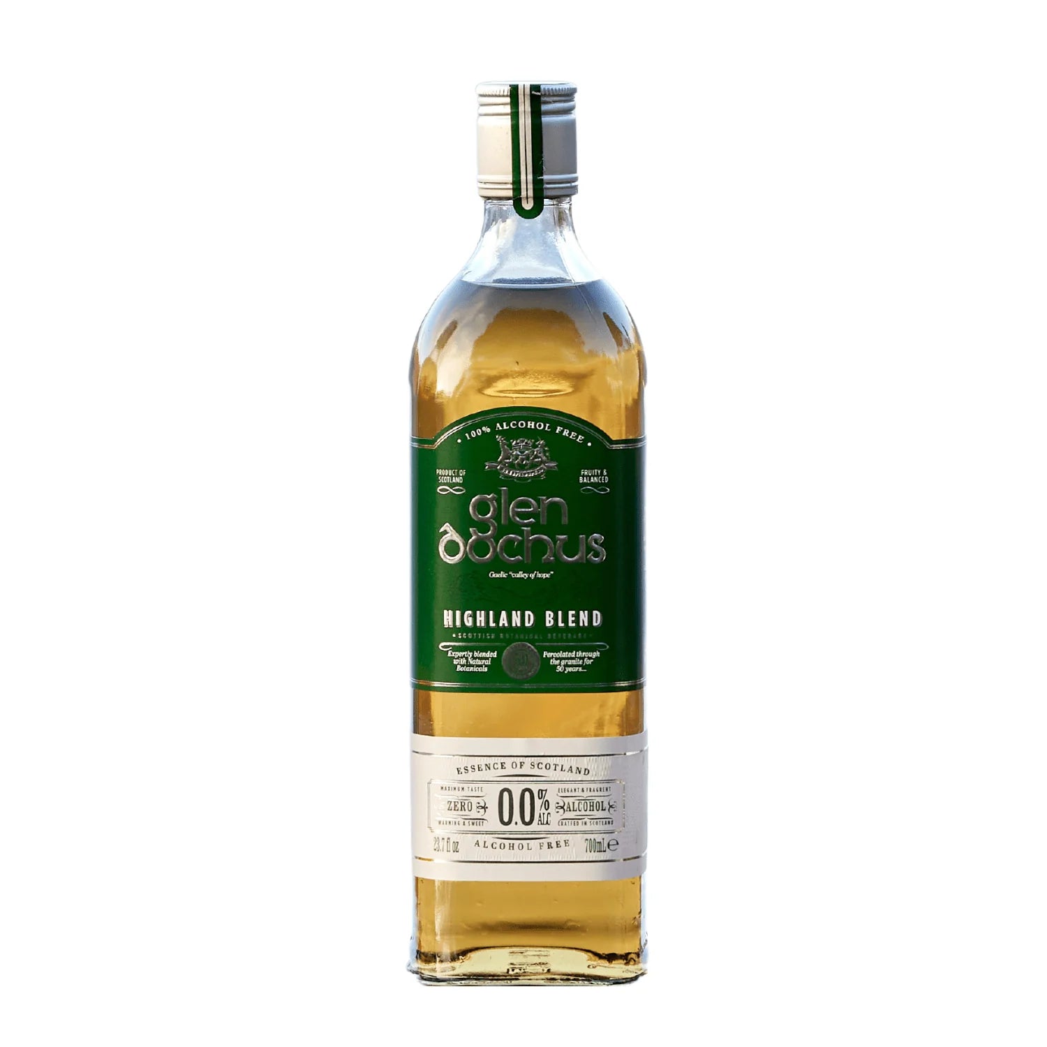 Bottle of Glen Dochus Highland Blend Alcohol Free Whisky. Non Alcoholic Spirit.