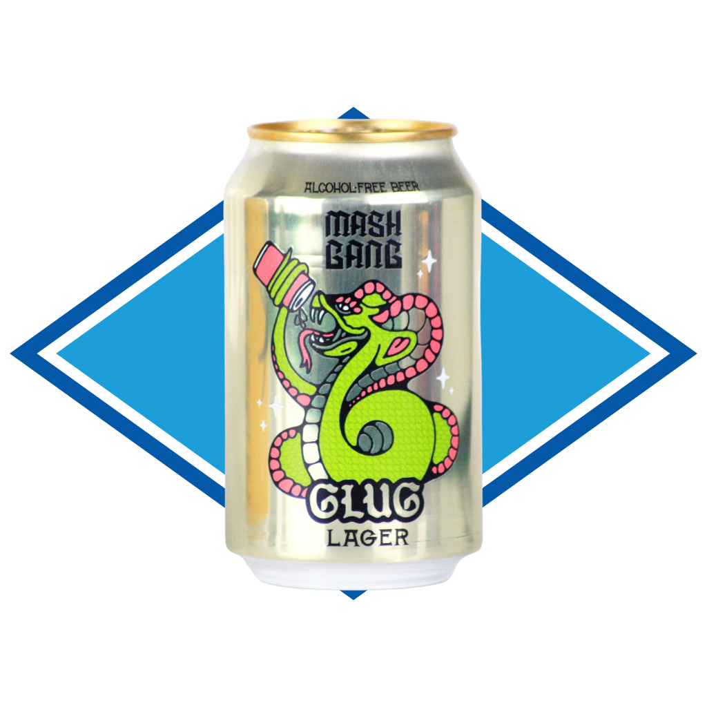 Can of Mash Gang Glug in front of The Alcohol Free Drinks blue diamond.