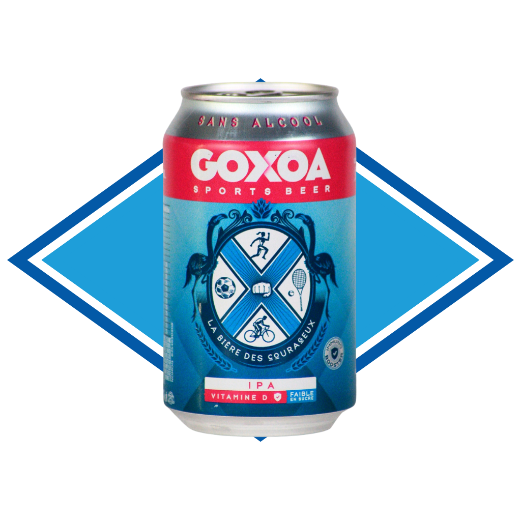 Goxoa sports beer can with red and blue design on a white background