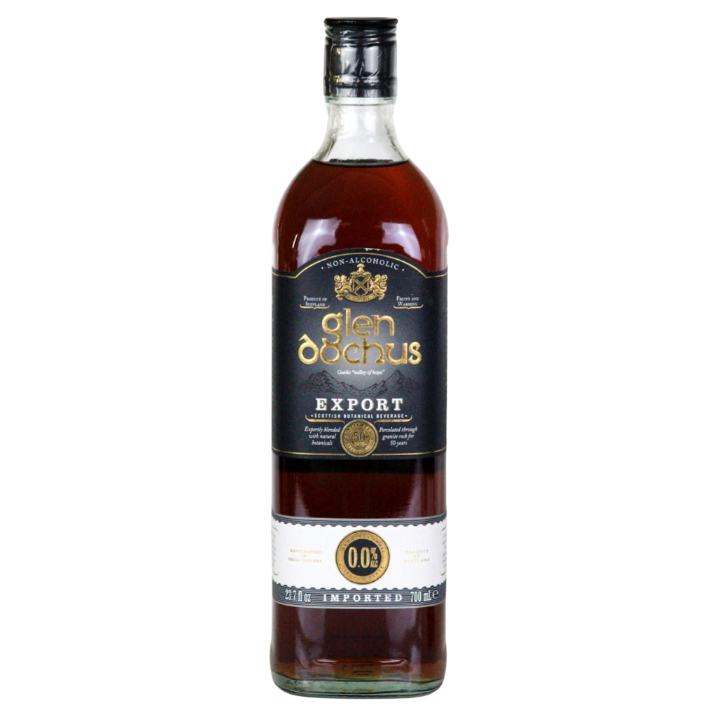 Bottle of Glen Dochus non-alcoholic export on a white background. Booze Free Whisky
