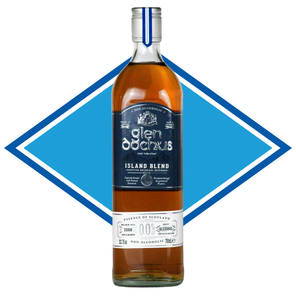 Bottle of Glen Dochus Island Blend whiskey with a blue diamond shape behind it.