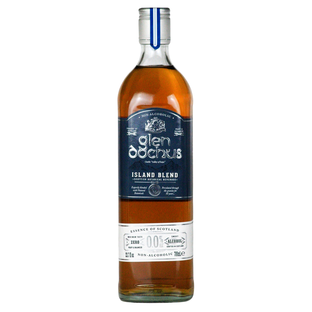 Bottle of Glen Dochus non-alcoholic island blend on a white background