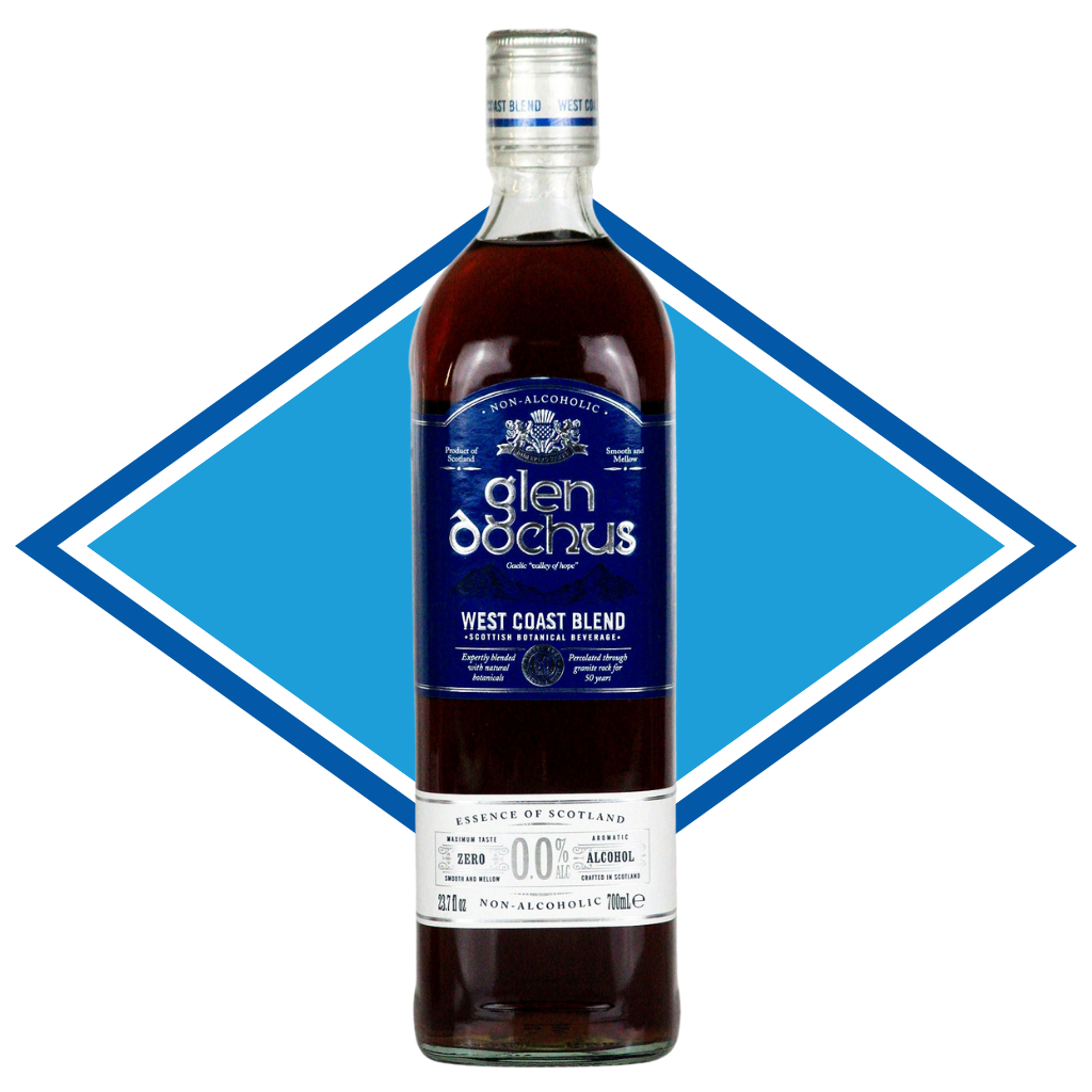 Bottle of Glen Dochus non-alcoholic West Coast Blend against a white background with a blue diamond shape.