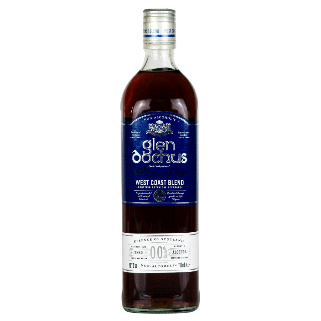 Bottle of Glen Dochus non-alcoholic West Coast Blend on a white background. This is a 0.0 booze free whisky 