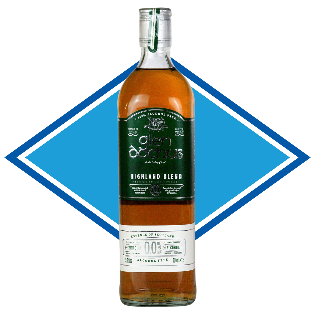 Bottle of Glen Ord whisky with a green label on a white background