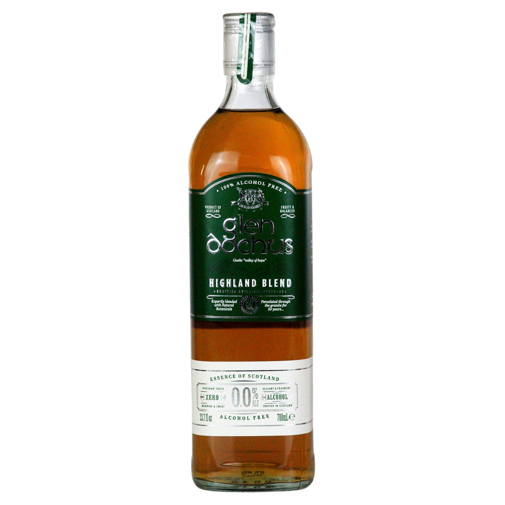 Bottle of Glen Dochus 0.0% Highland Blend on a white background. Booze free  Whisky