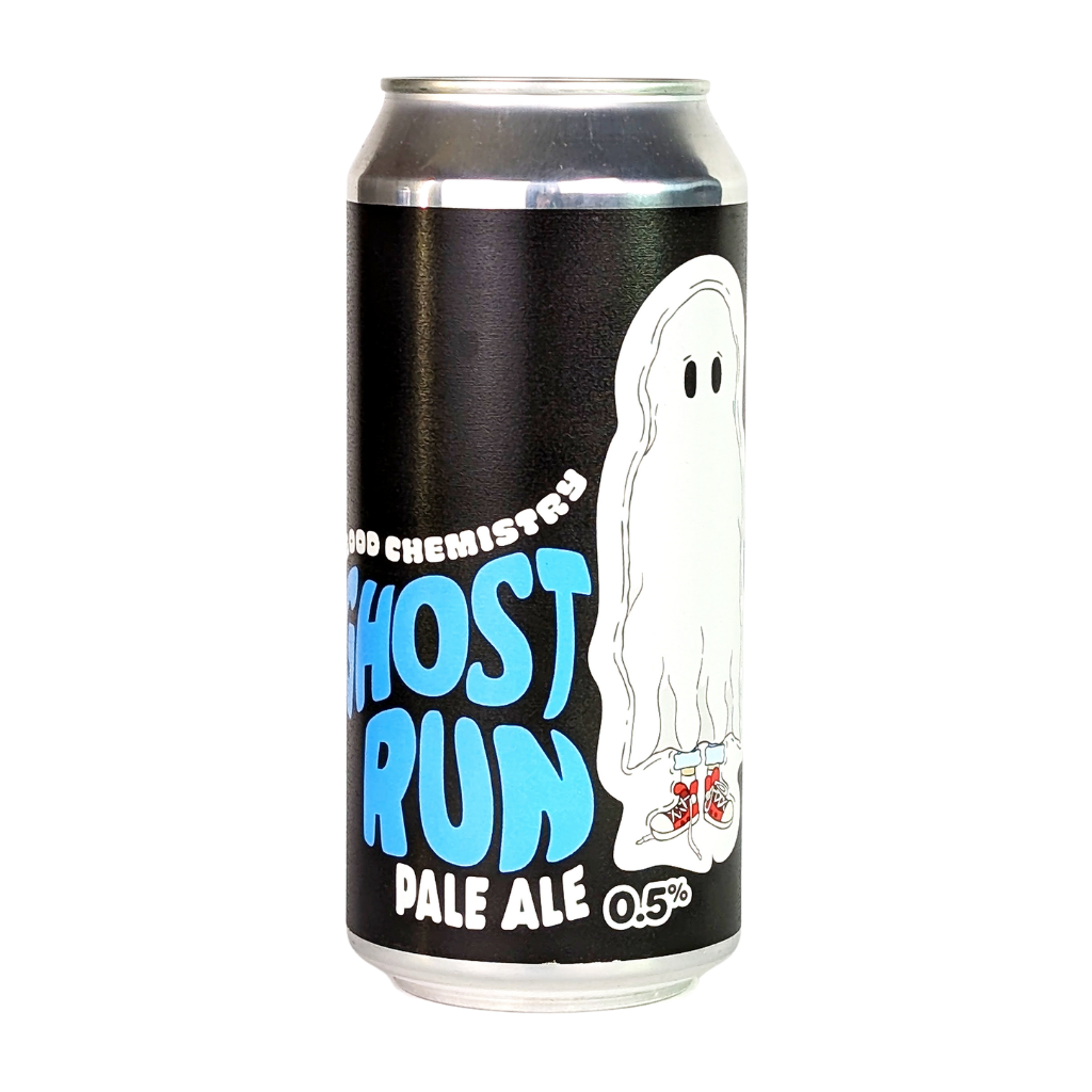 Can of Ghost Run Pale Ale with a ghost illustration on a black background