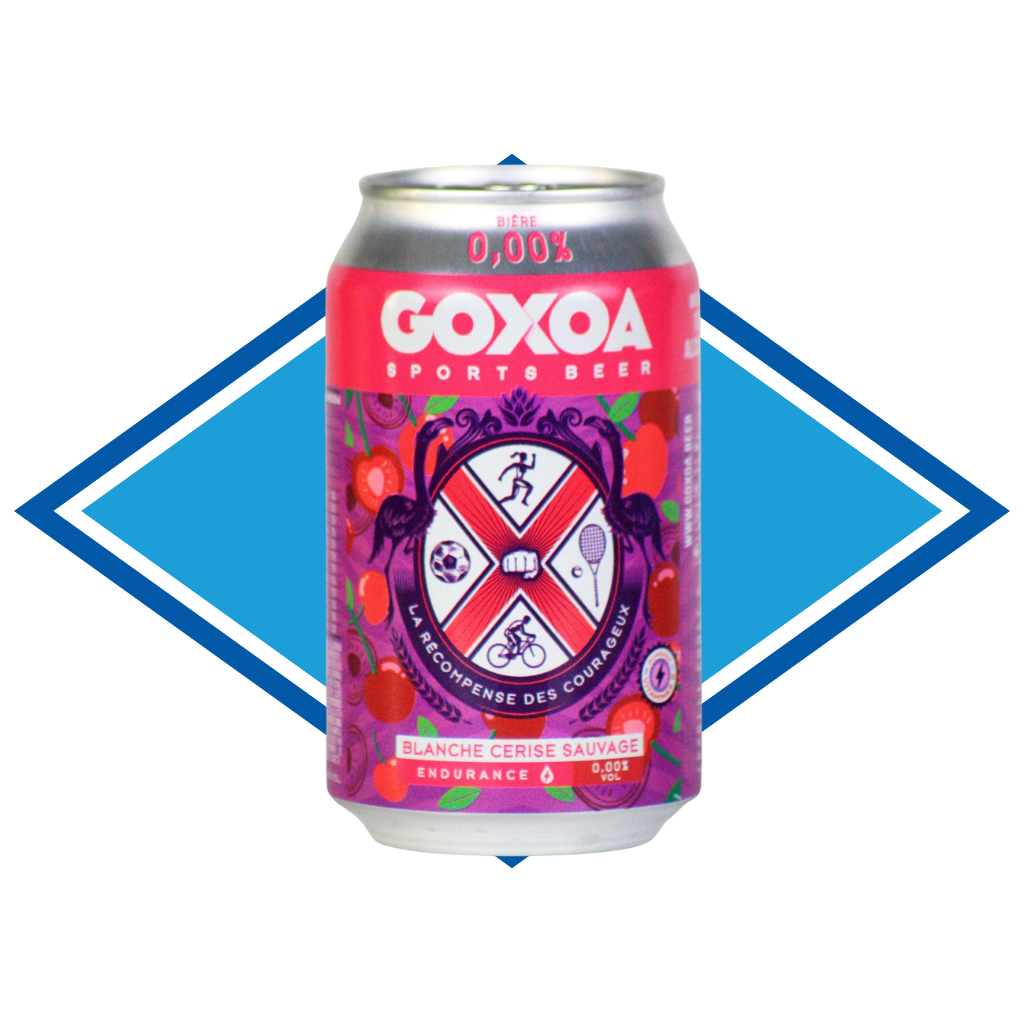 Goxoa Alcohol Free Cherry Wheat Beer can with a colorful label on a white background