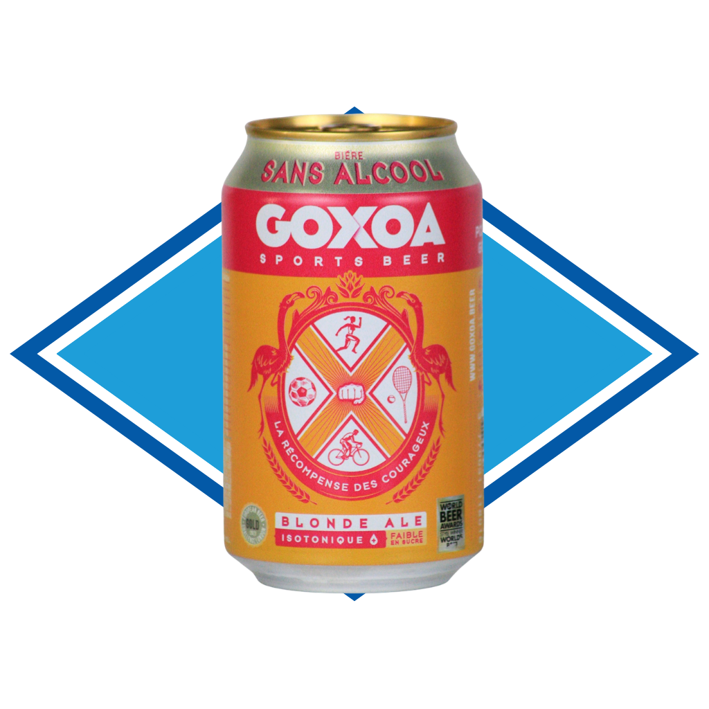 Goxoa Alcohol Free Sports Blonde Ale can with red and yellow design on a blue diamond-shaped background