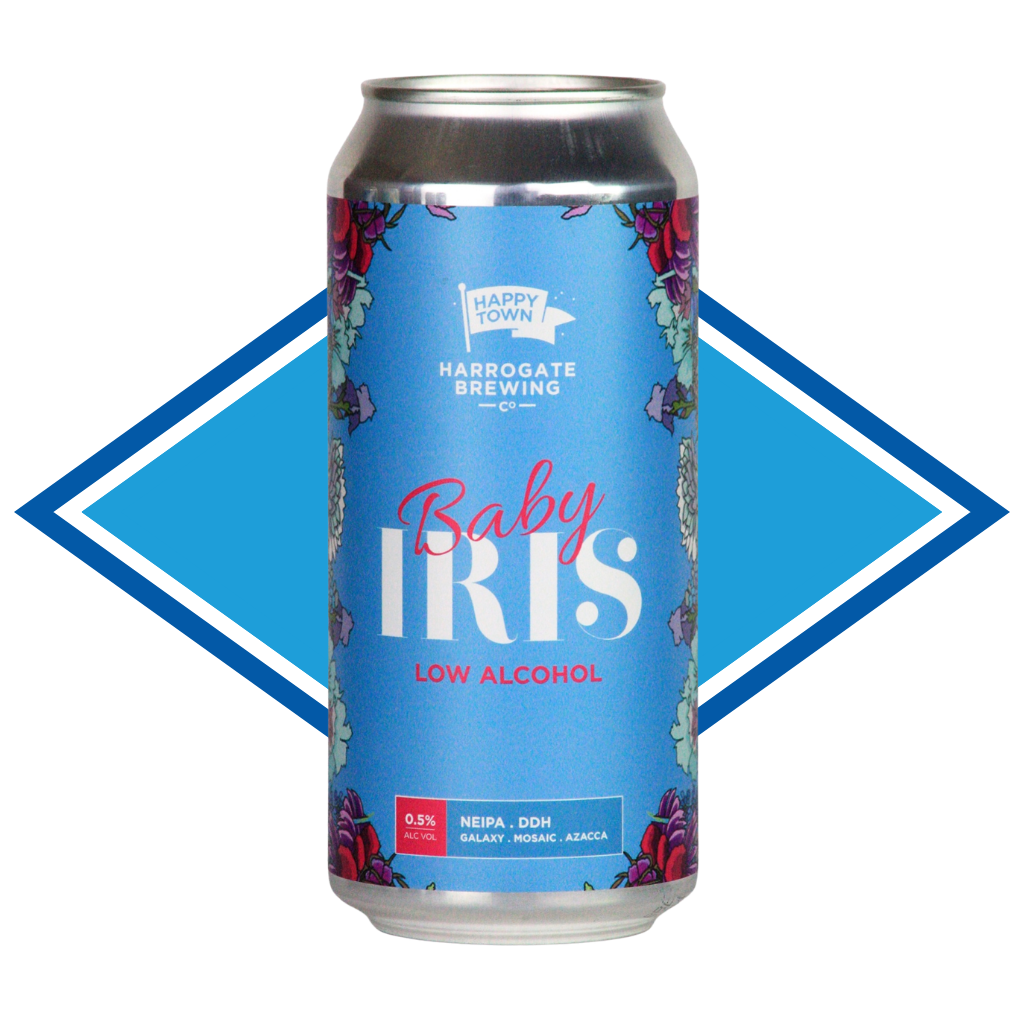 Can of Baby Iris in front of The Alcohol Free Drinks Company blue diamond.