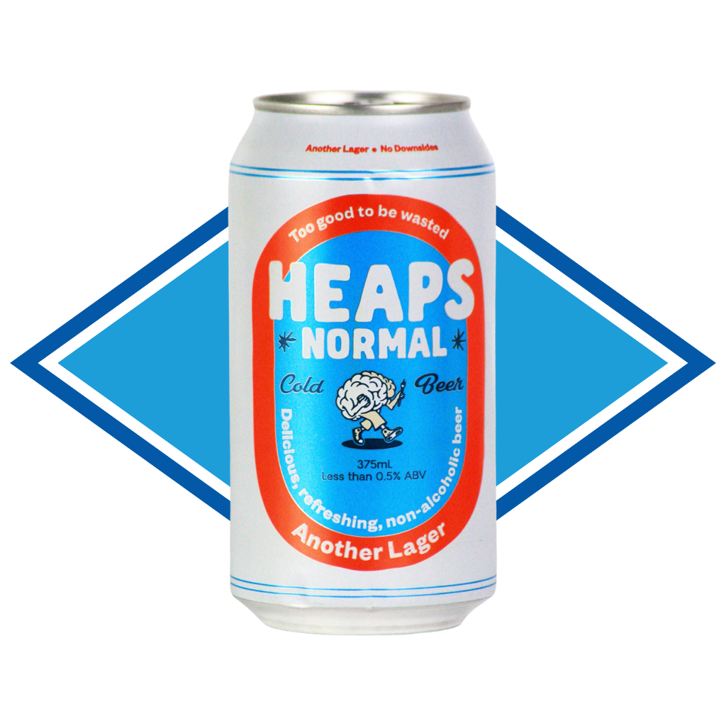 Can of Heaps Normal Another Lager  in front of the Alcohol Free Drinks Company blue diamond. 