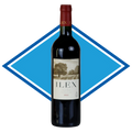 A bottle of Ilex Red Blend 2023 red wine centered against a blue and white diamond graphic background.