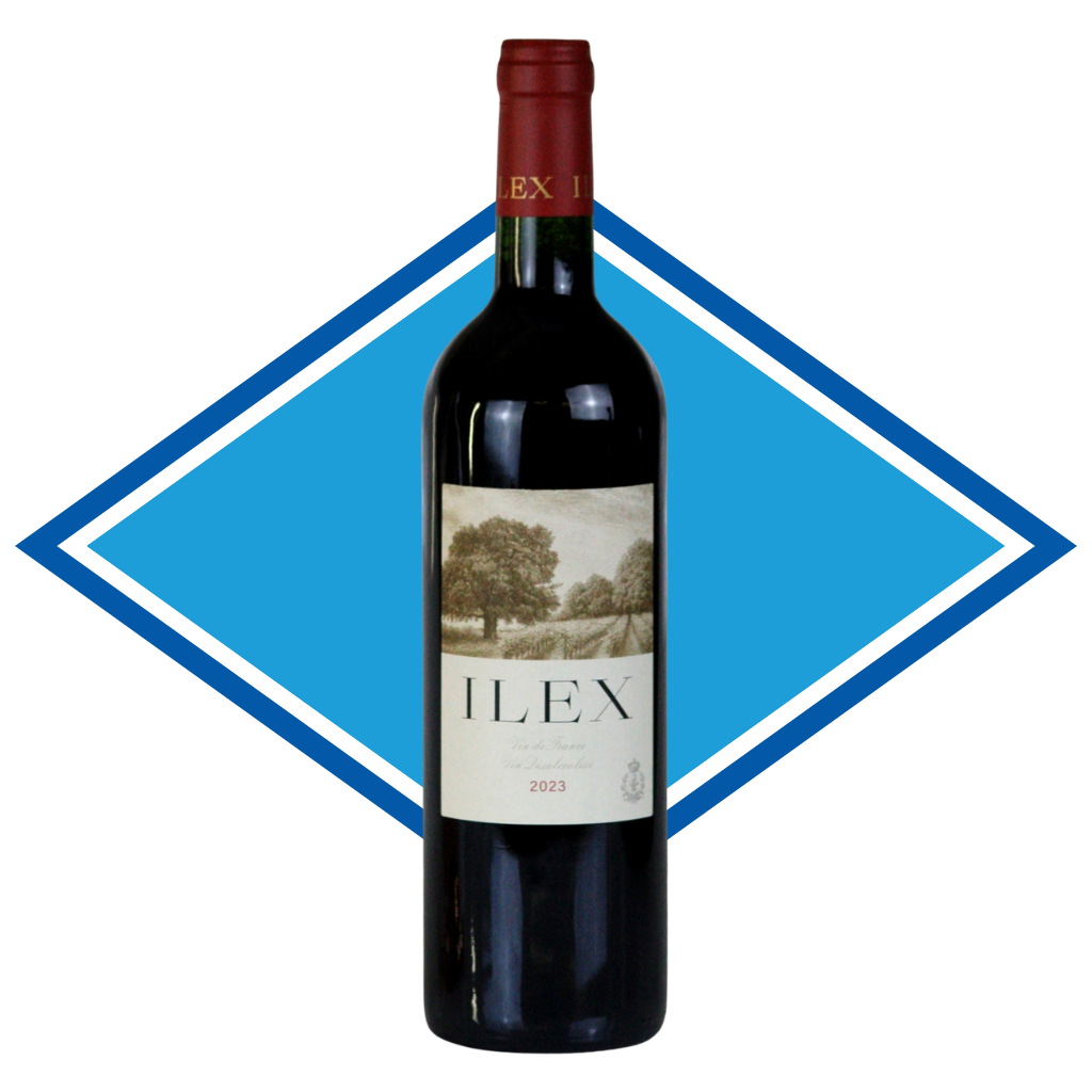 A bottle of Ilex Red Blend 2023 red wine centered against a blue and white diamond graphic background.