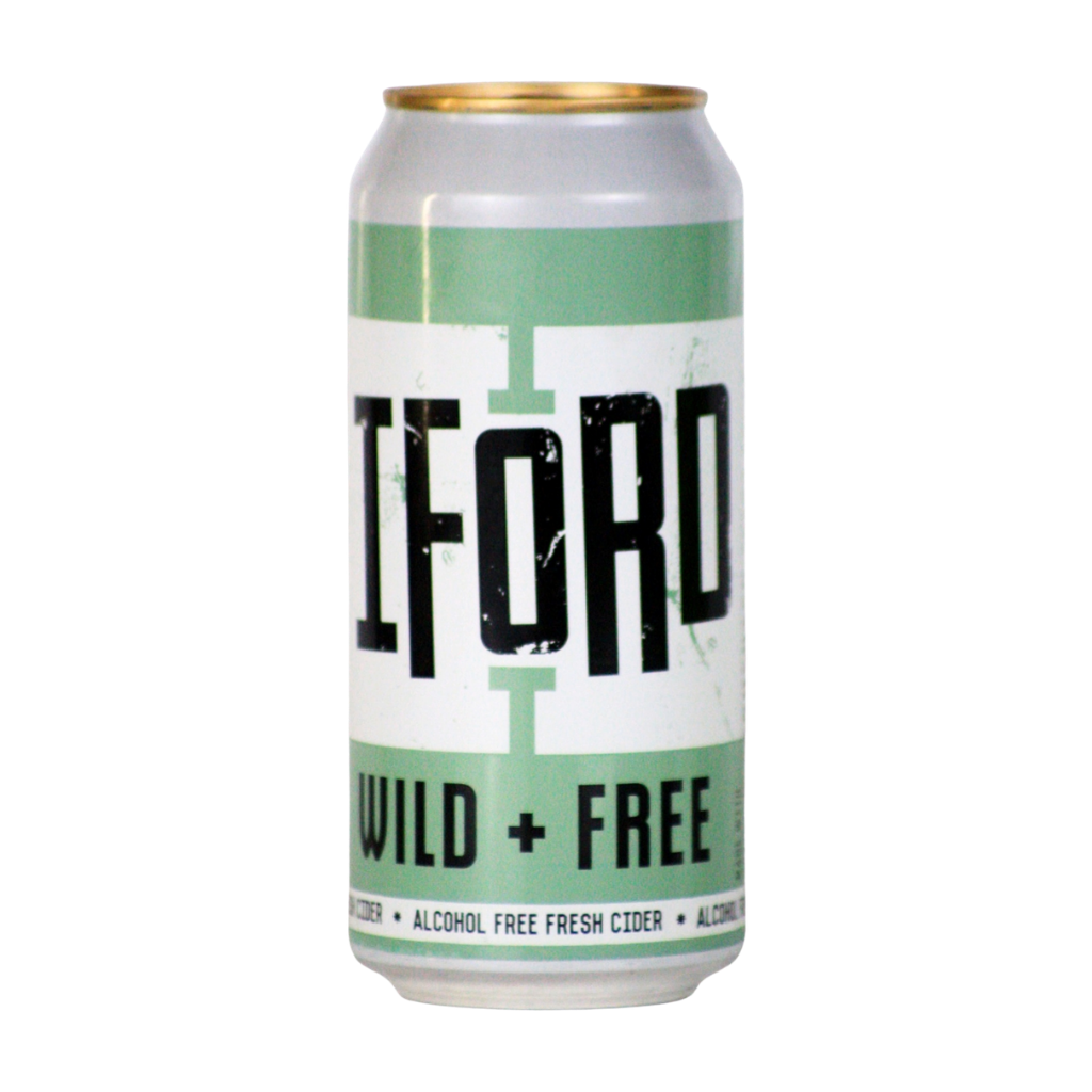 A silver aluminum can of IFORD Wild + Free cider with a white label featuring green bands and bold black text, set against a plain white background.