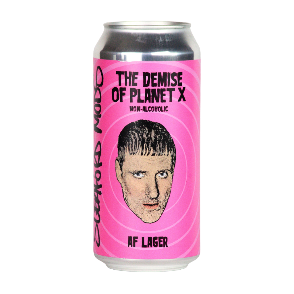 Pink can of 'The Demise of Planet X' non-alcoholic AF Lager with a graphic design on a white background