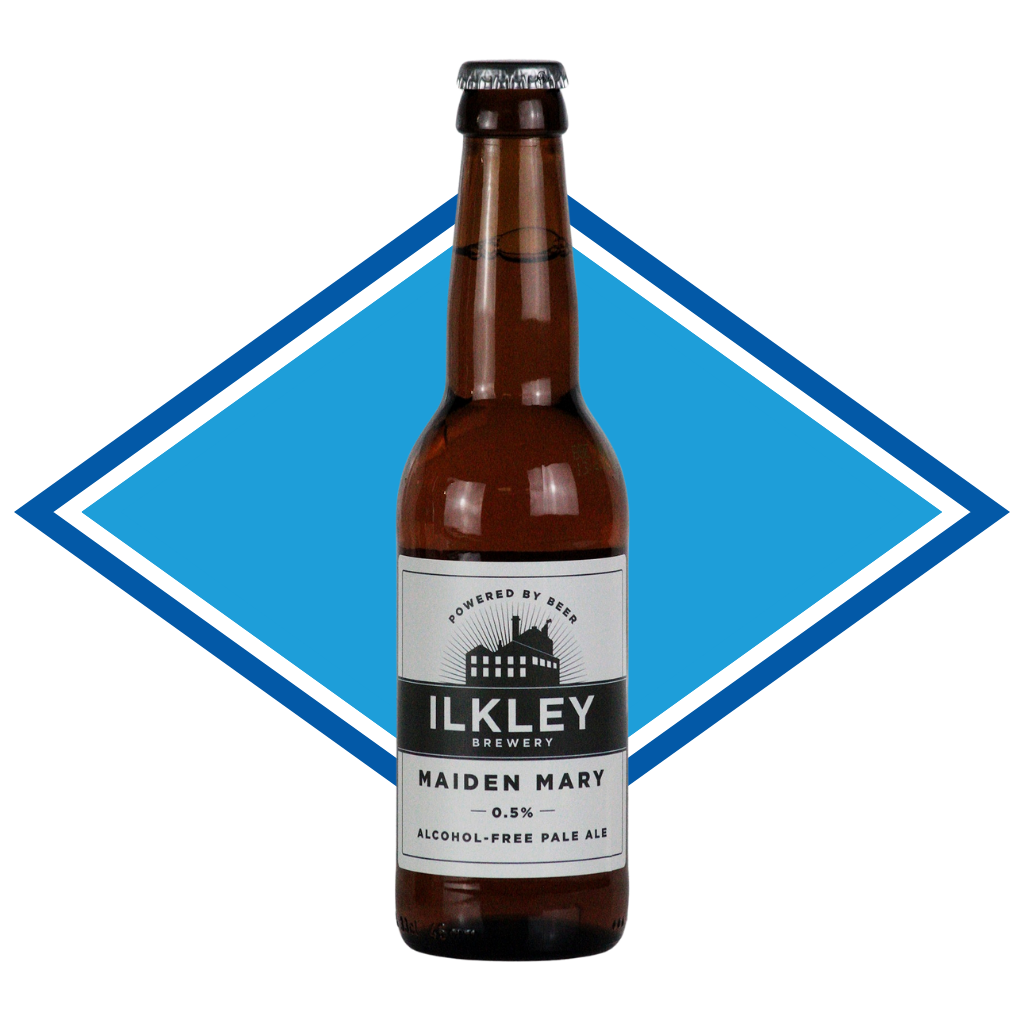 Brown bottle of Ilkley Brewery Maiden Mary alcohol-free pale ale on a white background with a blue diamond shape.