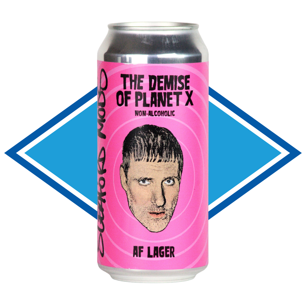 Can of The Demise of Planet X in front of the Alcohol Free Drinks Company blue diamond.