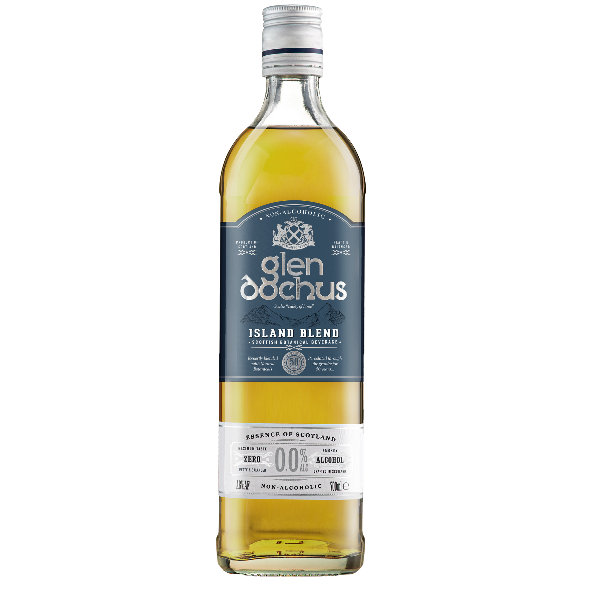 Bottle of Glen Dochus Island Blend Alcohol Free Whisky. Non Alcoholic Spirit.