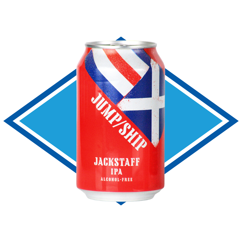 Can of Jackstaff IPA in front of The Alcohol Free Drinks blue diamond.