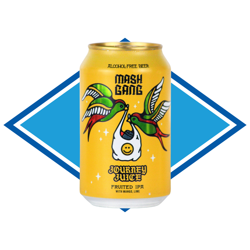 Can of Mash Gang Journey Juice in front of The Alcohol Free Drinks blue diamond.