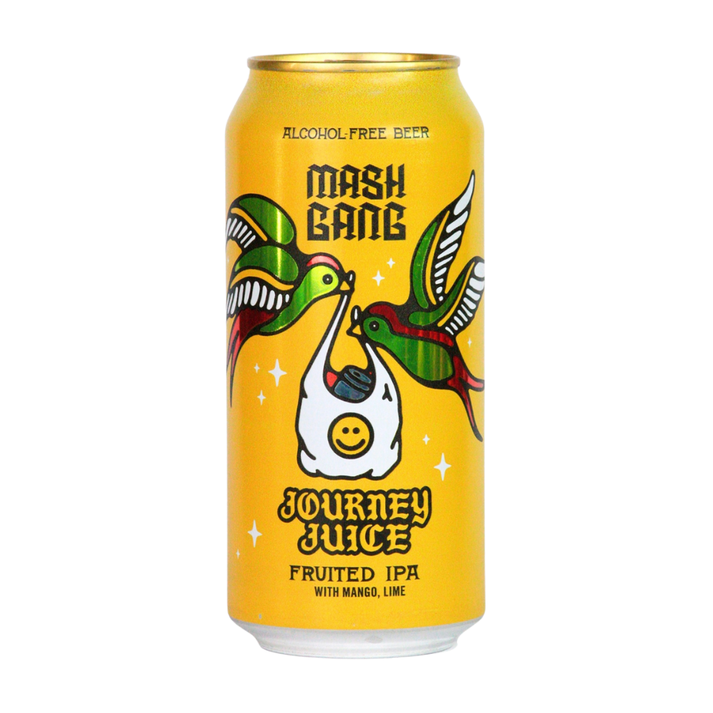 Yellow can of Mash Gang Journey Juice Fruited IPA with mango and lime on a white background