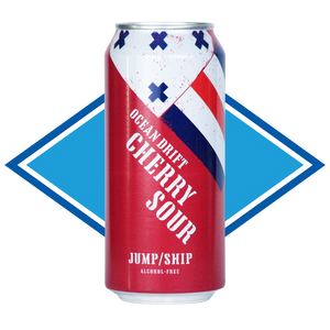 Red can of Ocean Drift Cherry Sour on a white background. Closest Alcohol Free Beer to a Belgium Kriek beer