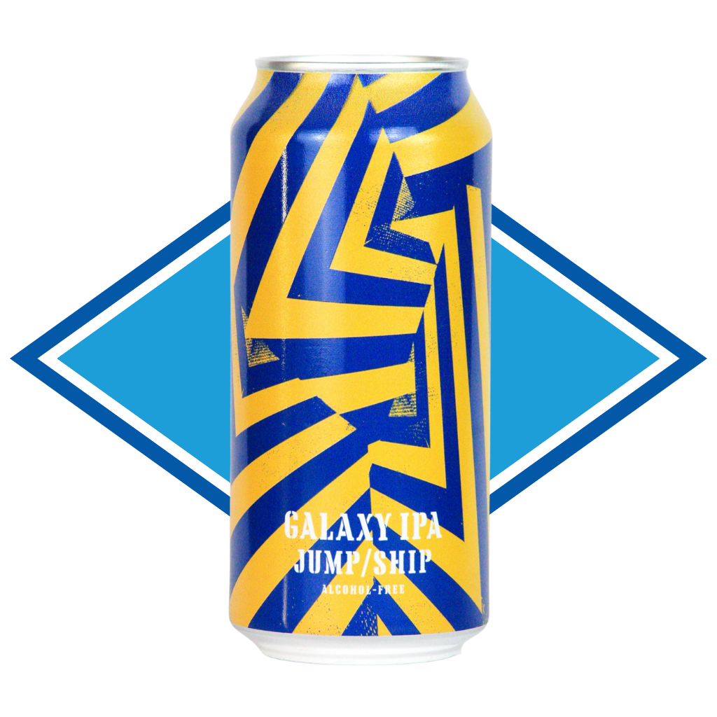Can of Jump/Ship Galaxy IPA in front of the Alcohol Free Drinks Company blue diamond. 