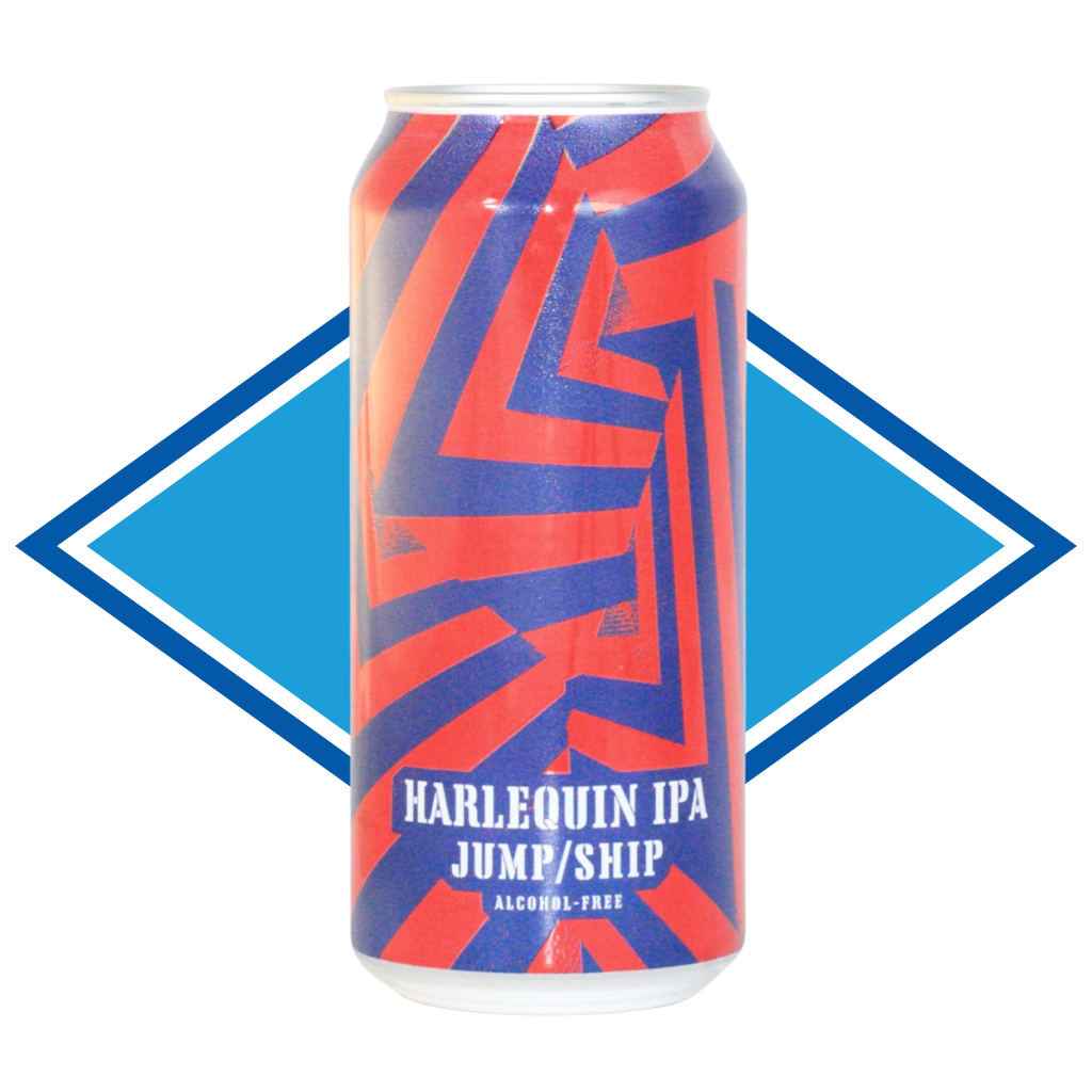 Blue and red can of Harlequin in front of the Alcohol Free Drinks Company blue diamond.
