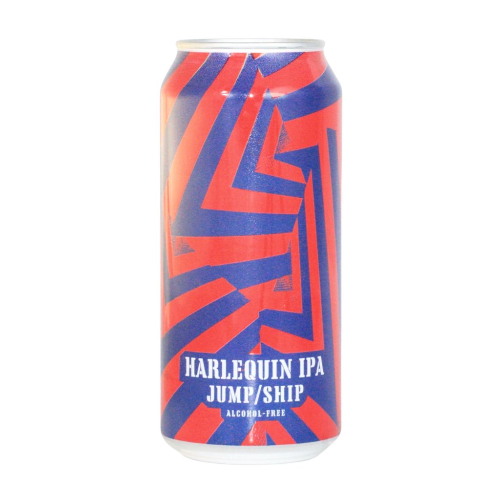 Can of Harlequin IPA with red and blue design on a white background