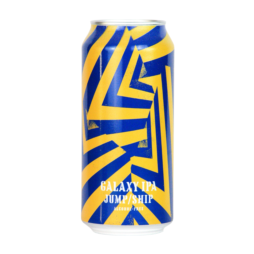 Blue and yellow can with 'Galaxy IPA' text on a white background