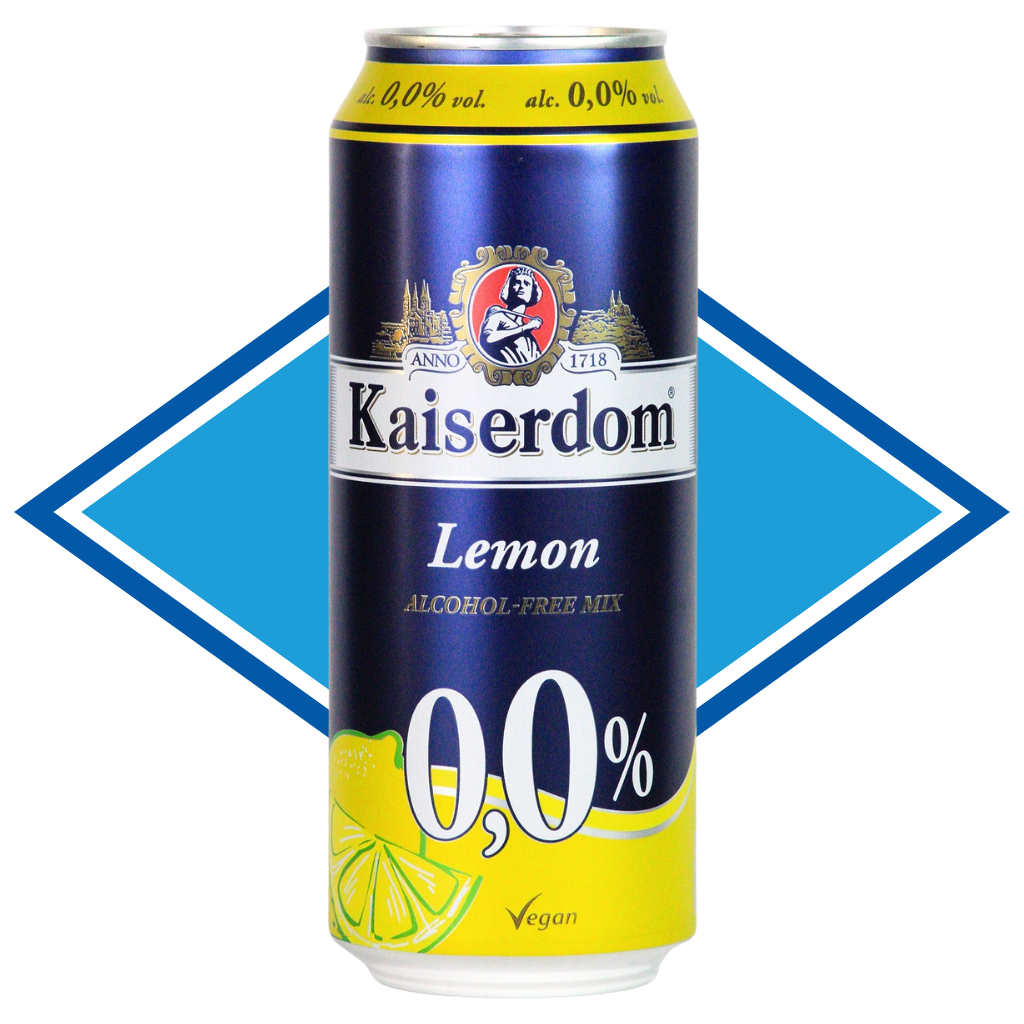 Can of Kaiserdom Lemon in front of the Alcohol Free Drinks Company blue diamond. 