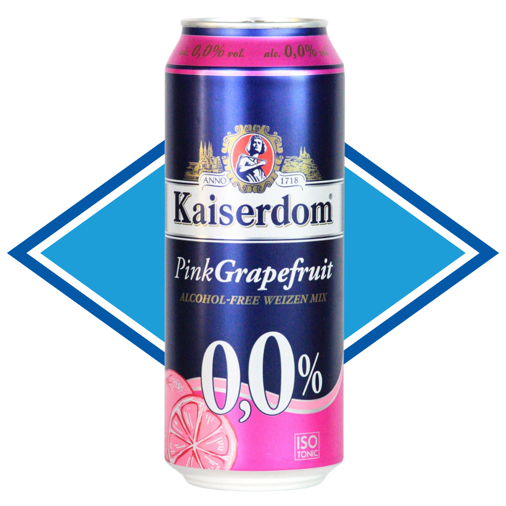 Can of Kaiserdom Pink Grapefruit in front of the Alcohol Free Drinks Company blue diamond. 