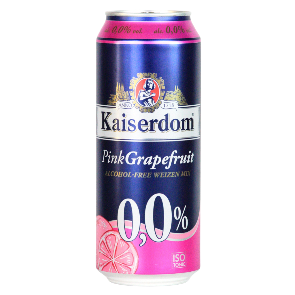 Kaiserdom Pink Grapefruit alcohol-free beer can on a white background. 0.00 ABV Grapefruit beer