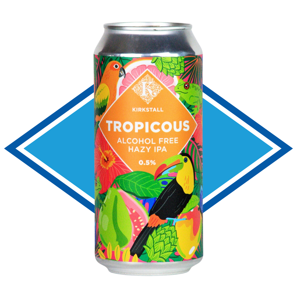 Can of Tropicous in front of the Alcohol Free Drinks Company blue diamond.