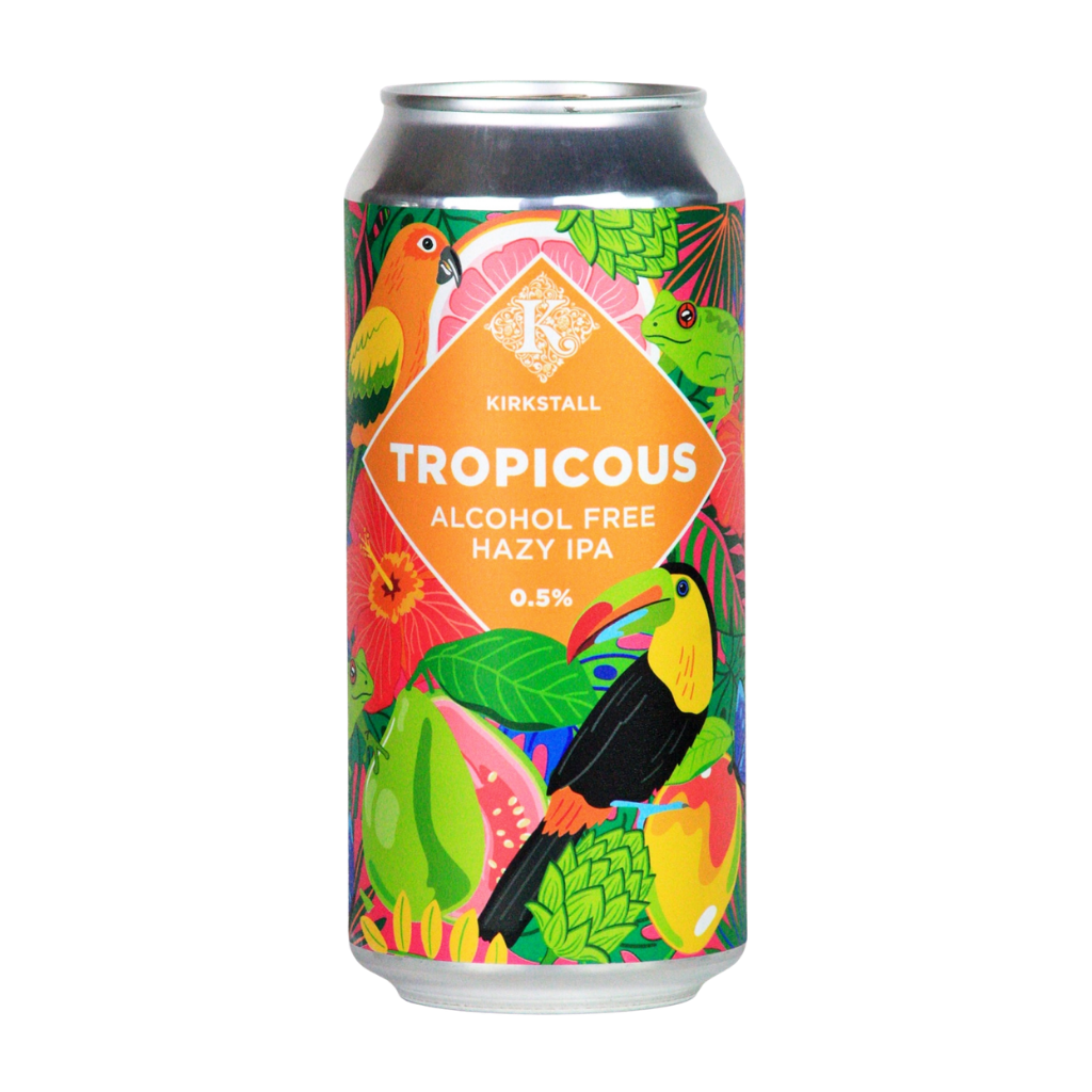Colorful can of Kirkstall Tropicous Alcohol Free Hazy IPA with tropical designs on a white background